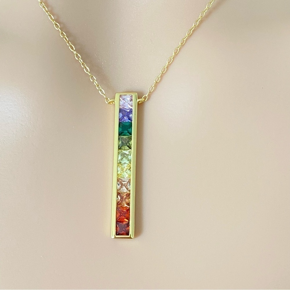 Rainbow Crystal bar Necklace fashion minimalist jewelry adjustable gold pendant - Picture 4 of 7